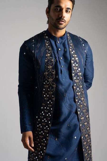 Buy_PAARSH_Blue Cotton, Bamboo Mirrors, Beads Embroidered Nehru Jacket Set _Online_at_Aza_Fashions