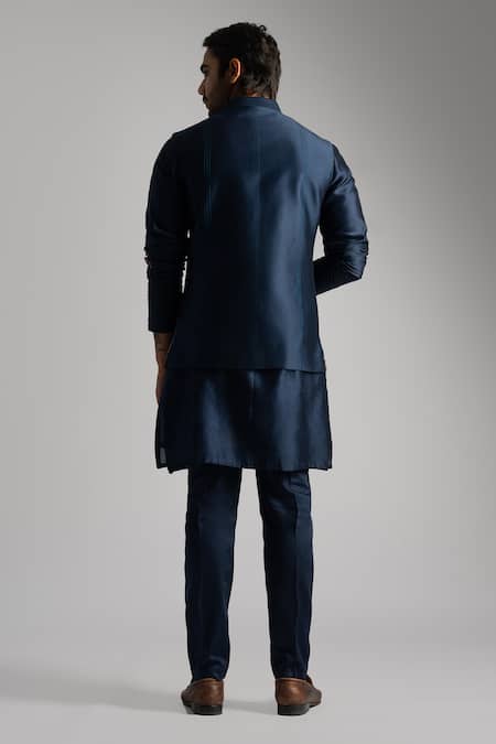 Shop_PAARSH_Blue , Cotton Mirrors, Beads, Egyptian Motif Nehru Jacket Set _at_Aza_Fashions