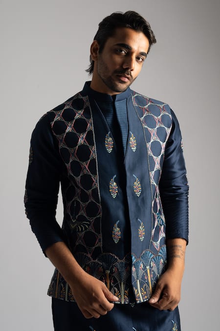 Buy_PAARSH_Blue , Cotton Mirrors, Beads, Egyptian Motif Nehru Jacket Set _Online_at_Aza_Fashions