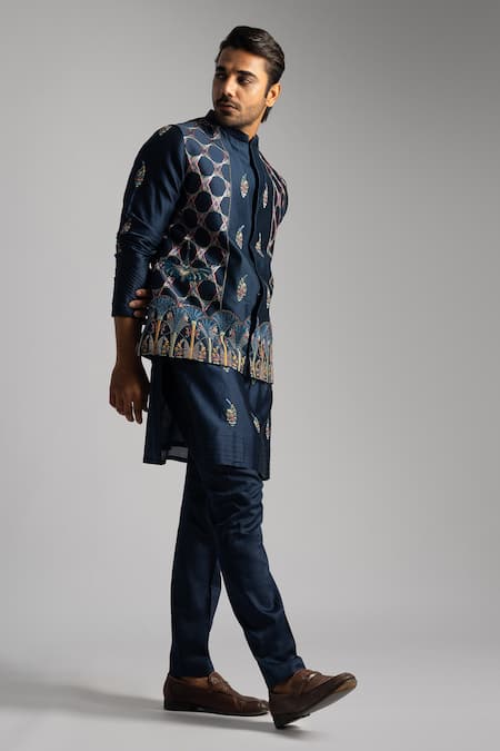 Shop_PAARSH_Blue , Cotton Mirrors, Beads, Egyptian Motif Nehru Jacket Set _Online_at_Aza_Fashions