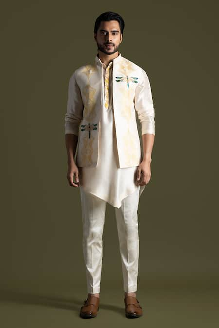 Paarsh Motif Embroidered Nehru Jacket Asymmetric Kurta Set 