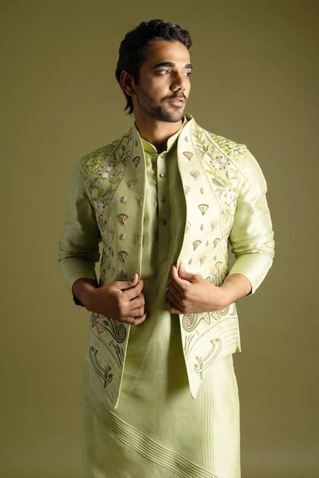 Buy_PAARSH_Green Cotton, Bamboo Embroidery Pista Nehru Jacket Set _Online_at_Aza_Fashions