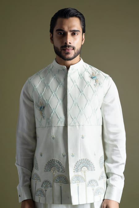 Paarsh Blue Bamberg Silk Embroidered Egyptian Motif Nehru Jacket Set  4