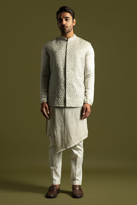 PAARSH_Gray Linen, Satin Embroidery, Cut Work Grey Bundi Jacket _Online_at_Aza_Fashions