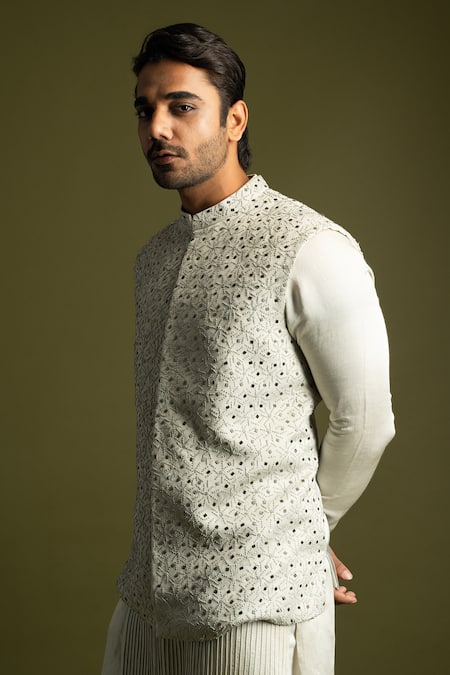 Buy_PAARSH_Gray Linen, Satin Embroidery, Cut Work Grey Bundi Jacket _Online_at_Aza_Fashions