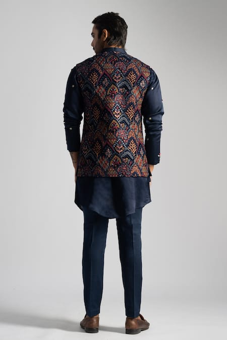 PAARSH Navy Blue Embroidered Velvet Nehru Jacket 