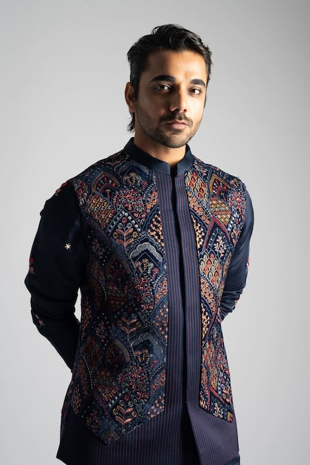 PAARSH Blue Velvet Sequins, Embroidery Navy Nehru Jacket Online at Aza Fashions PAARSH_Blue Velvet Sequins, Embroidery Navy Nehru Jacket _Online_at_Aza_Fashions