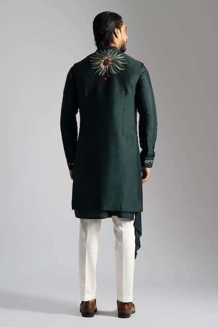 Shop_Paarsh_Green Bamboo, Silk, Cotton Embroidery Nehru Jacket And Kurta Set _at_Aza_Fashions