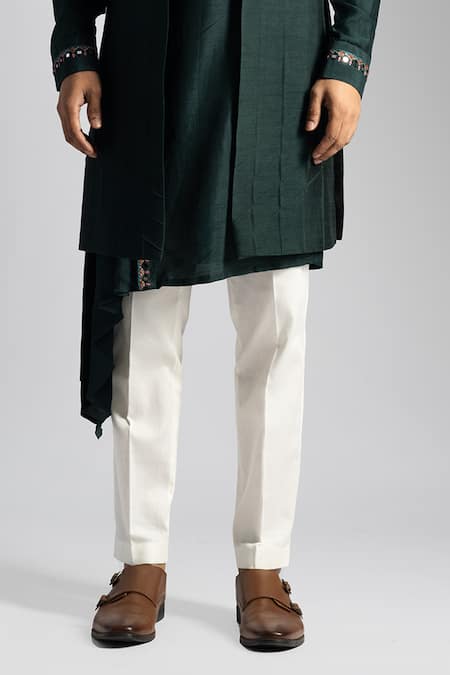 Paarsh_Green Bamboo, Silk, Cotton Embroidery Nehru Jacket And Kurta Set _Online_at_Aza_Fashions