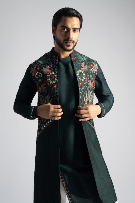 Buy_Paarsh_Green Bamboo, Silk, Cotton Embroidery Nehru Jacket And Kurta Set _Online_at_Aza_Fashions