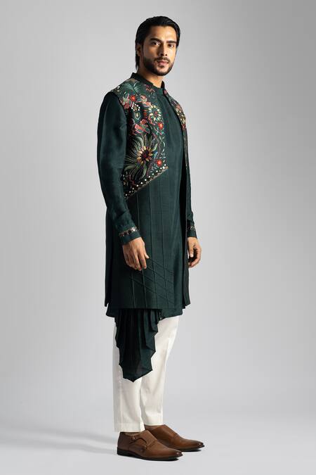 Shop_Paarsh_Green Bamboo, Silk, Cotton Embroidery Nehru Jacket And Kurta Set _Online_at_Aza_Fashions