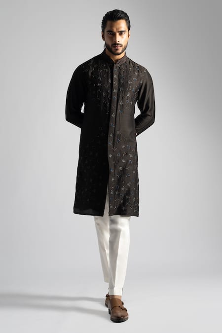 Paarsh Brown Kurta Bamberg Silk Embroidered Thread Floral Petal With Pant 