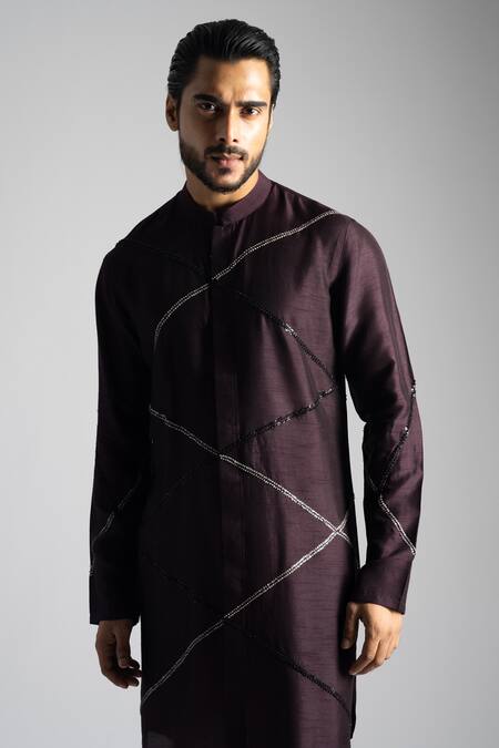 Shop PAARSH Purple Bamboo, Cotton Sequins Cross Embroidered Kurta With Pant Online at Aza Fashions Shop_PAARSH_Purple Bamboo, Cotton Sequins Cross Embroidered Kurta With Pant _Online_at_Aza_Fashions