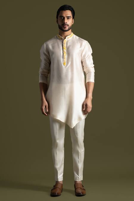 PAARSH_Cream Bamboo, Cotton Embroidery French Knot Placket Kurta With Pant _Online_at_Aza_Fashions
