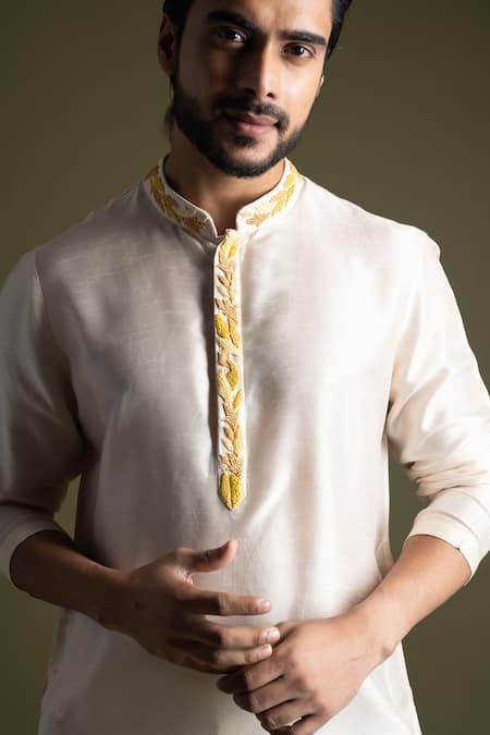 Shop_PAARSH_Cream Bamboo, Cotton Embroidery French Knot Placket Kurta With Pant _Online_at_Aza_Fashions