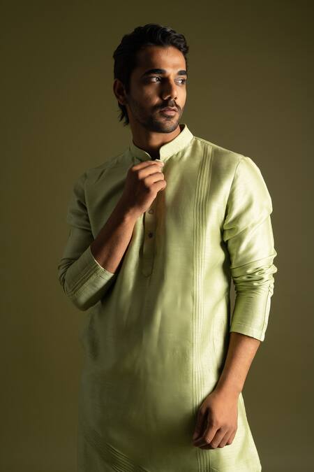 Buy_PAARSH_Green Cotton Embroidery Pintuck Kurta With Pant Pyjama _Online_at_Aza_Fashions
