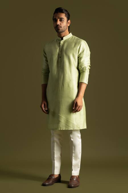Shop_PAARSH_Green Cotton Embroidery Pintuck Kurta With Pant Pyjama _Online_at_Aza_Fashions