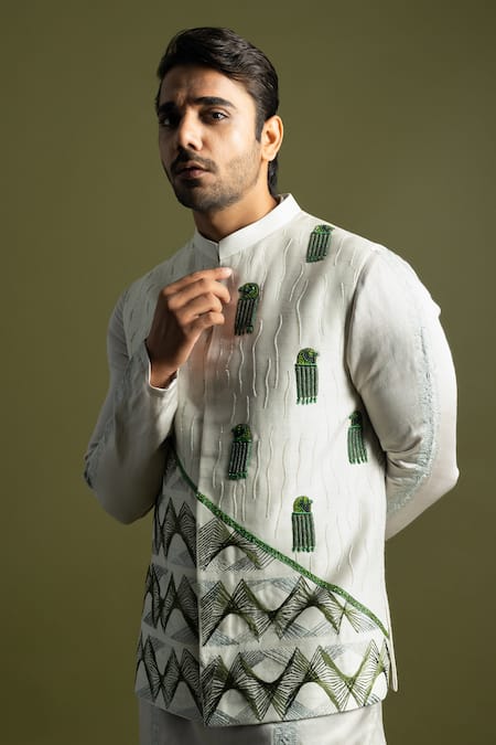 Shop_PAARSH_Gray Bamboo Crystals, Beads Egyptian Pattern Bundi _Online_at_Aza_Fashions