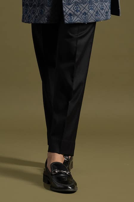 PAARSH_Blue Linen, Satin Embroidery French Knot Fleur Ombre Achkan With Trouser _Online_at_Aza_Fashions