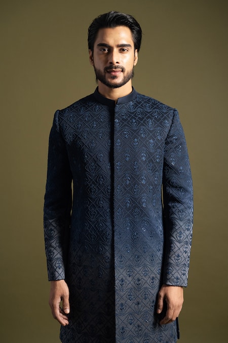 Buy_PAARSH_Blue Linen, Satin Embroidery French Knot Fleur Ombre Achkan With Trouser _Online_at_Aza_Fashions