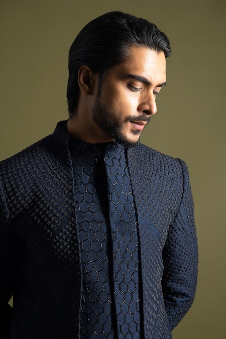 Shop_PAARSH_Blue Cotton, Bamboo Geometric Helix Embroidered Achkan Set _Online_at_Aza_Fashions