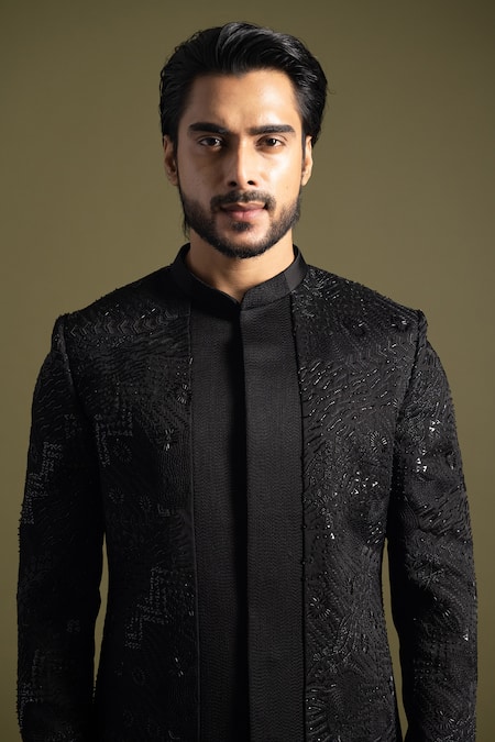 PAARSH_Black Cotton, Linen, Satin Sequins, Gardenia Embroidered Achkan With Trouser _Online_at_Aza_Fashions
