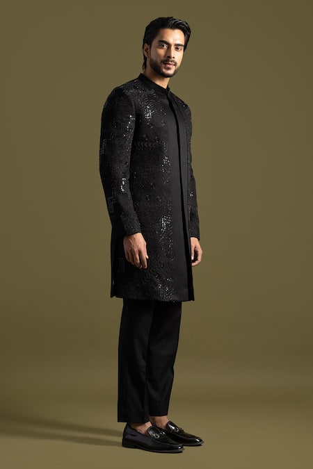 Buy_PAARSH_Black Cotton, Linen, Satin Sequins, Gardenia Embroidered Achkan With Trouser _Online_at_Aza_Fashions