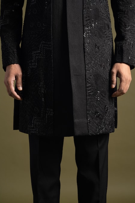 Shop_PAARSH_Black Cotton, Linen, Satin Sequins, Gardenia Embroidered Achkan With Trouser _Online_at_Aza_Fashions