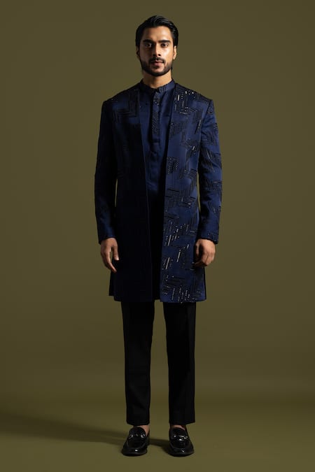 PAARSH_Blue Cotton, Linen, Satin Metallic Herringbone Embroidered Achkan Trouser Set _Online_at_Aza_Fashions