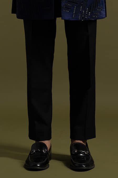 Buy_PAARSH_Blue Cotton, Linen, Satin Metallic Herringbone Embroidered Achkan Trouser Set _Online_at_Aza_Fashions