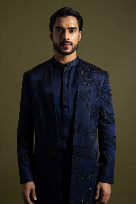 Shop_PAARSH_Blue Cotton, Linen, Satin Metallic Herringbone Embroidered Achkan Trouser Set _Online_at_Aza_Fashions