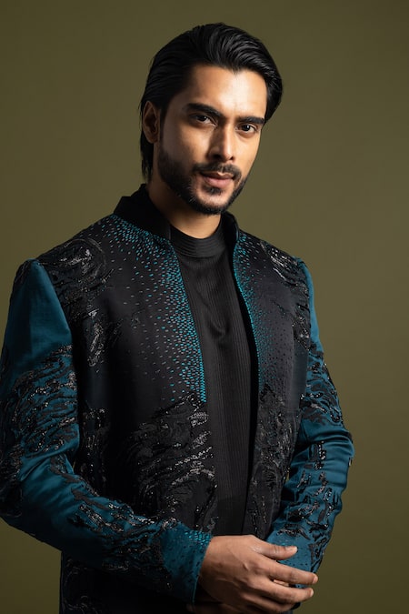 Buy_PAARSH_Blue Cotton, Linen, Satin Chains, Cut Crescent Ecliptic Achkan Trouser Set _Online_at_Aza_Fashions