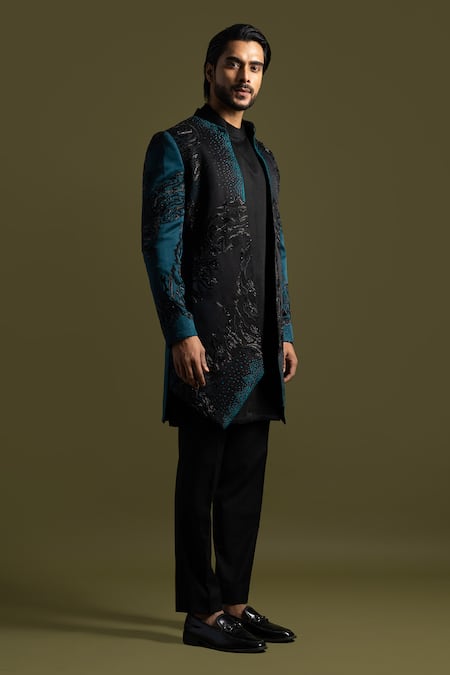 Shop_PAARSH_Blue Cotton, Linen, Satin Chains, Cut Crescent Ecliptic Achkan Trouser Set _Online_at_Aza_Fashions