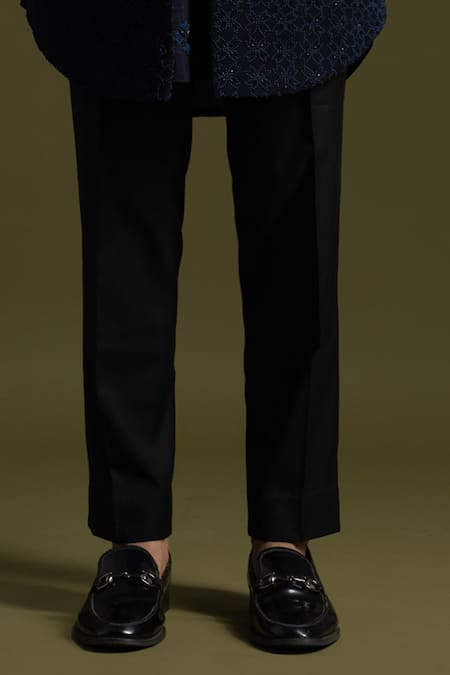 PAARSH_Blue Cotton, Bamboo, Silk Embroidery French Fleur Front Open Achkan Trouser Set _Online_at_Aza_Fashions