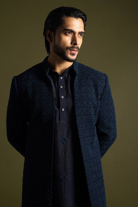 Buy_PAARSH_Blue Cotton, Bamboo, Silk Embroidery French Fleur Front Open Achkan Trouser Set _Online_at_Aza_Fashions