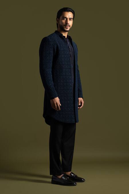 Shop_PAARSH_Blue Cotton, Bamboo, Silk Embroidery French Fleur Front Open Achkan Trouser Set _Online_at_Aza_Fashions