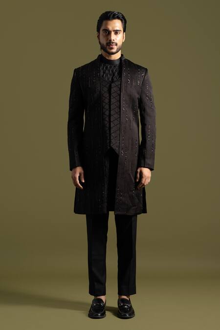 Buy_PAARSH_Brown Cotton, Linen, Satin Cut Work, Cosmic Spectra Achkan Trouser Set _Online_at_Aza_Fashions