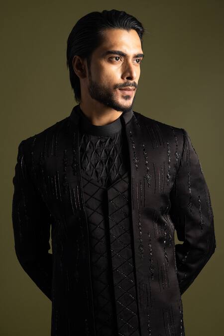 Shop_PAARSH_Brown Cotton, Linen, Satin Cut Work, Cosmic Spectra Achkan Trouser Set _Online_at_Aza_Fashions