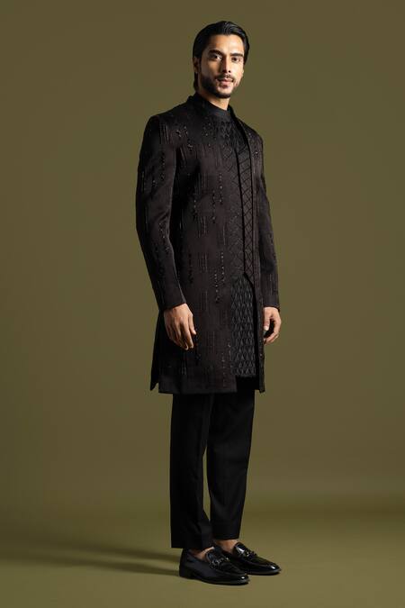 PAARSH_Brown Cotton, Linen, Satin Cut Work, Cosmic Spectra Achkan Trouser Set _at_Aza_Fashions