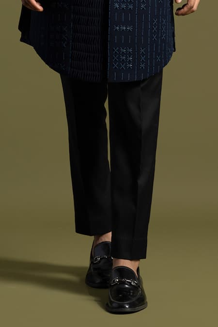 PAARSH_Blue Satin, Wool Cut Work Orbit Fleur Embroidered Achkan With Trouser _Online_at_Aza_Fashions