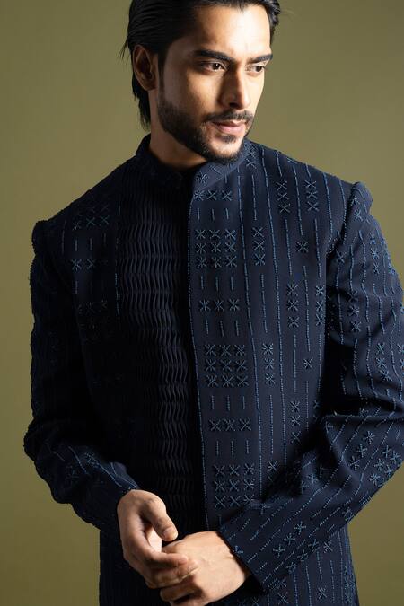 Buy_PAARSH_Blue Satin, Wool Cut Work Orbit Fleur Embroidered Achkan With Trouser _Online_at_Aza_Fashions