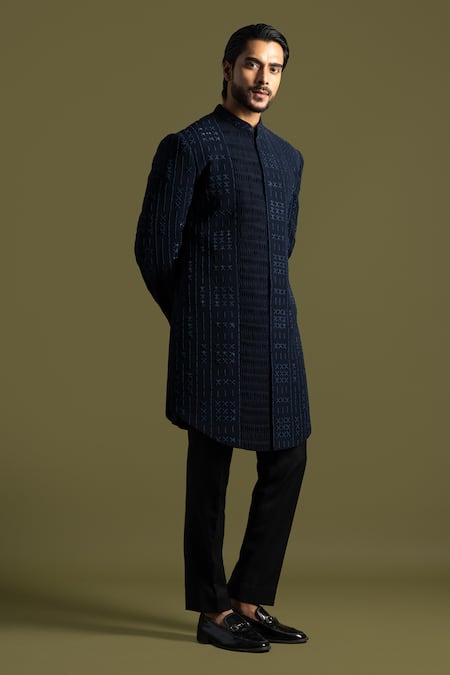 Shop_PAARSH_Blue Satin, Wool Cut Work Orbit Fleur Embroidered Achkan With Trouser _Online_at_Aza_Fashions