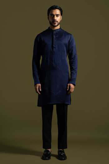 Buy PAARSH Blue Cotton, Linen, Satin Embroidery Horizon Pintucked Kurta With Trouser at Aza Fashions Buy_PAARSH_Blue Cotton, Linen, Satin Embroidery Horizon Pintucked Kurta With Trouser _at_Aza_Fashions