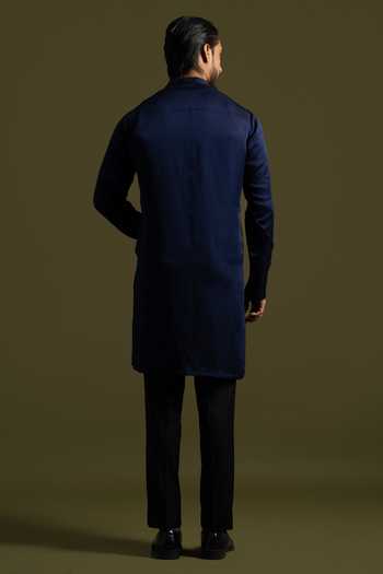 Shop PAARSH Blue Cotton, Linen, Satin Embroidery Horizon Pintucked Kurta With Trouser at Aza Fashions Shop_PAARSH_Blue Cotton, Linen, Satin Embroidery Horizon Pintucked Kurta With Trouser _at_Aza_Fashions
