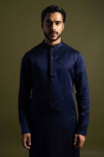 Buy PAARSH Blue Cotton, Linen, Satin Embroidery Horizon Pintucked Kurta With Trouser Online at Aza Fashions Buy_PAARSH_Blue Cotton, Linen, Satin Embroidery Horizon Pintucked Kurta With Trouser _Online_at_Aza_Fashions