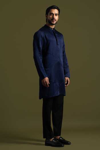 Shop PAARSH Blue Cotton, Linen, Satin Embroidery Horizon Pintucked Kurta With Trouser Online at Aza Fashions Shop_PAARSH_Blue Cotton, Linen, Satin Embroidery Horizon Pintucked Kurta With Trouser _Online_at_Aza_Fashions