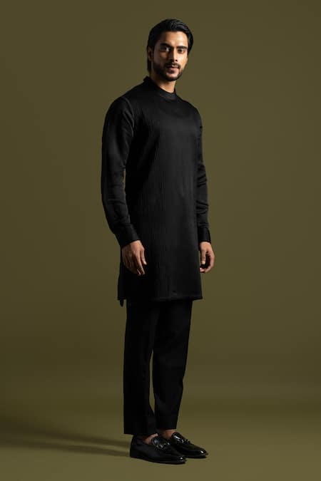 Paarsh Black Linen Satin Embroidery Stitch Kurta With Trouser 