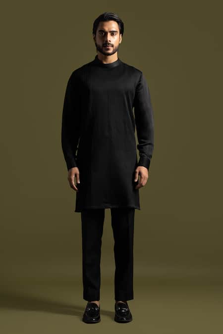 PAARSH_Black Cotton, Linen, Satin Embroidery Stitch Kurta With Trouser _Online_at_Aza_Fashions