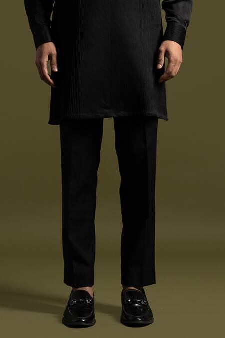 Buy_PAARSH_Black Cotton, Linen, Satin Embroidery Stitch Kurta With Trouser _Online_at_Aza_Fashions