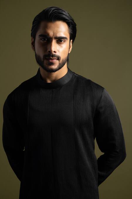 Shop_PAARSH_Black Cotton, Linen, Satin Embroidery Stitch Kurta With Trouser _Online_at_Aza_Fashions